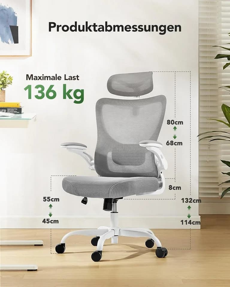 Marsail Bürostuhl Ergonomisch Grau Mesh mit verstellbaren Armlehnen