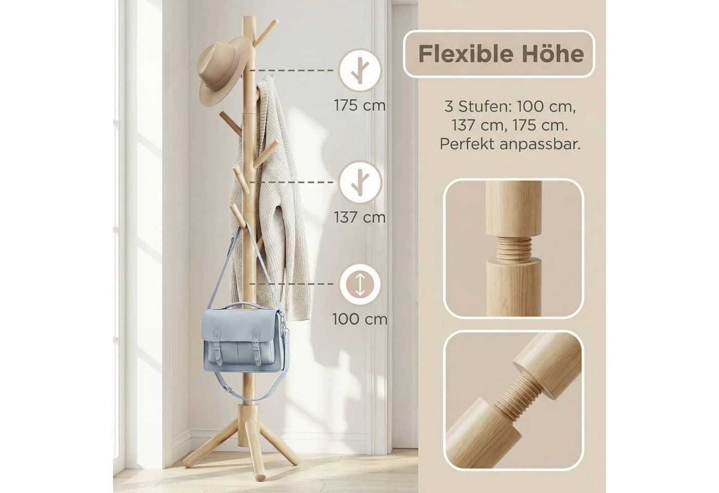 PIPISHELL Garderobenständer Kiefernholz höhenverstellbar 8 Haken - Bild 3