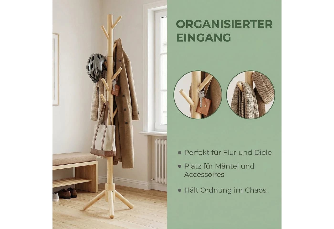 PIPISHELL Garderobenständer Kiefernholz höhenverstellbar 8 Haken - Bild 5