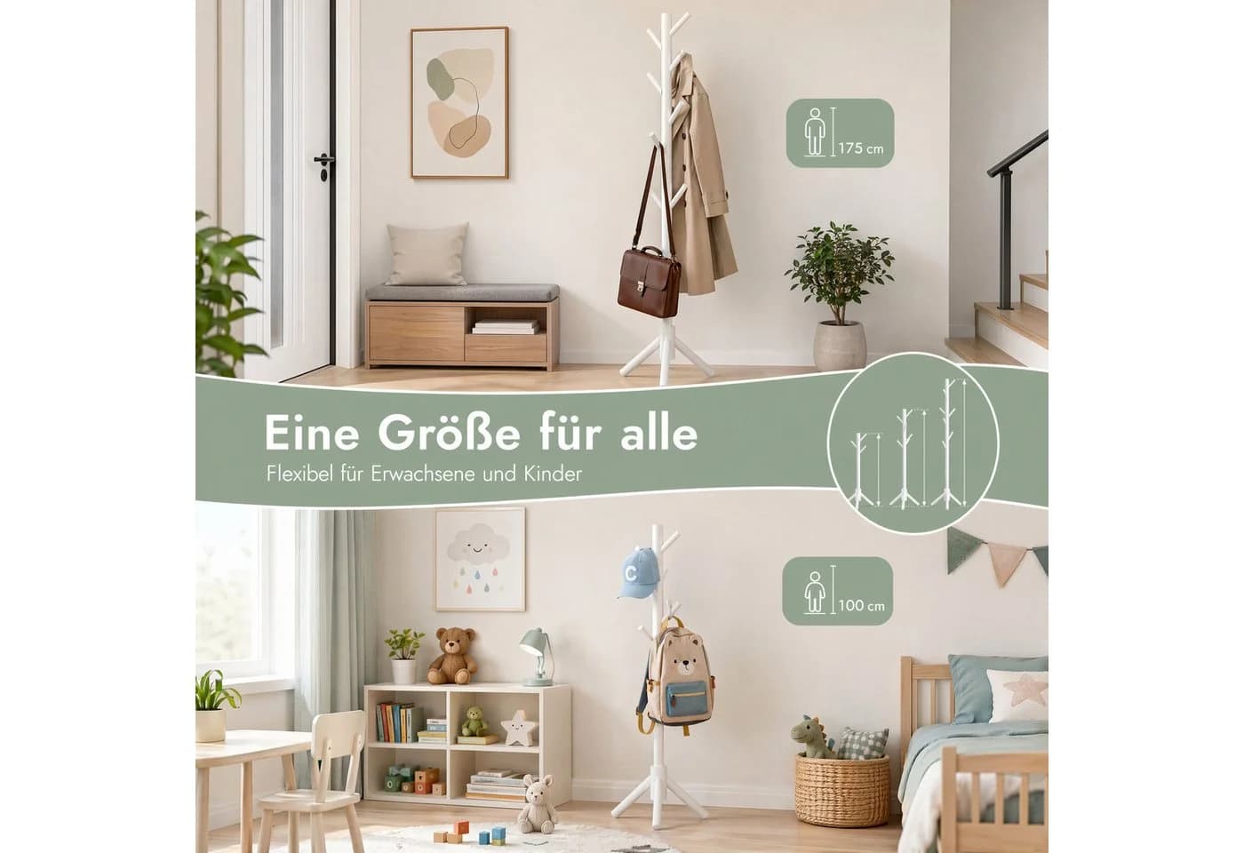 PIPISHELL Garderobenständer höhenverstellbar Kiefernholz 8 Haken - Bild 4