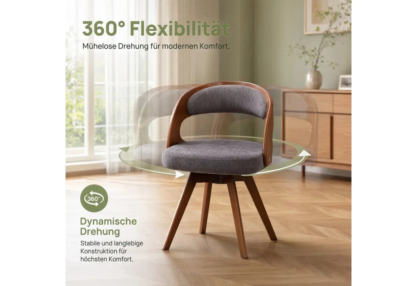 Totnz Esszimmerstuhl 2er Set Drehbar 360° Leinen Buchenholz Braun Grau - Bild 3