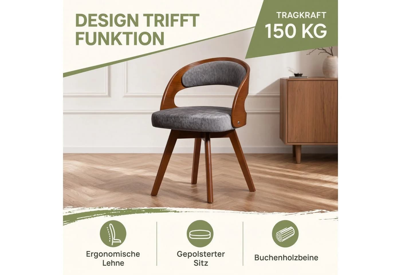 Totnz Esszimmerstuhl 2er Set Drehbar 360° Leinen Buchenholz Braun Grau - Bild 4
