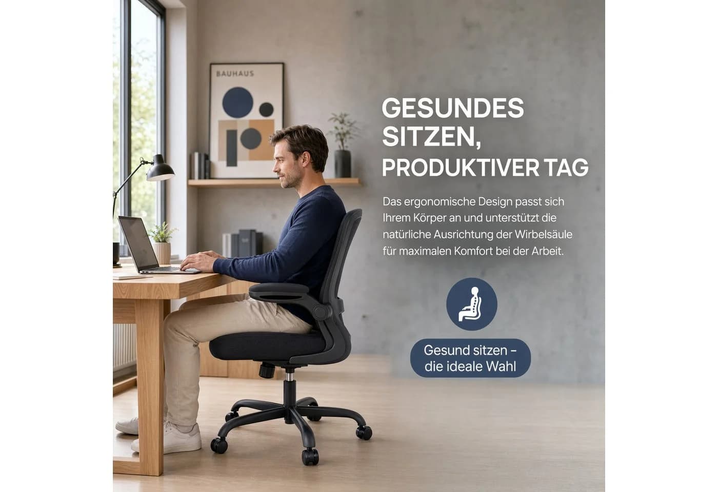 Marsail Bürostuhl Ergonomisch Schwarz Mesh mit verstellbarer Lendenwirbelstütze - Bild 3