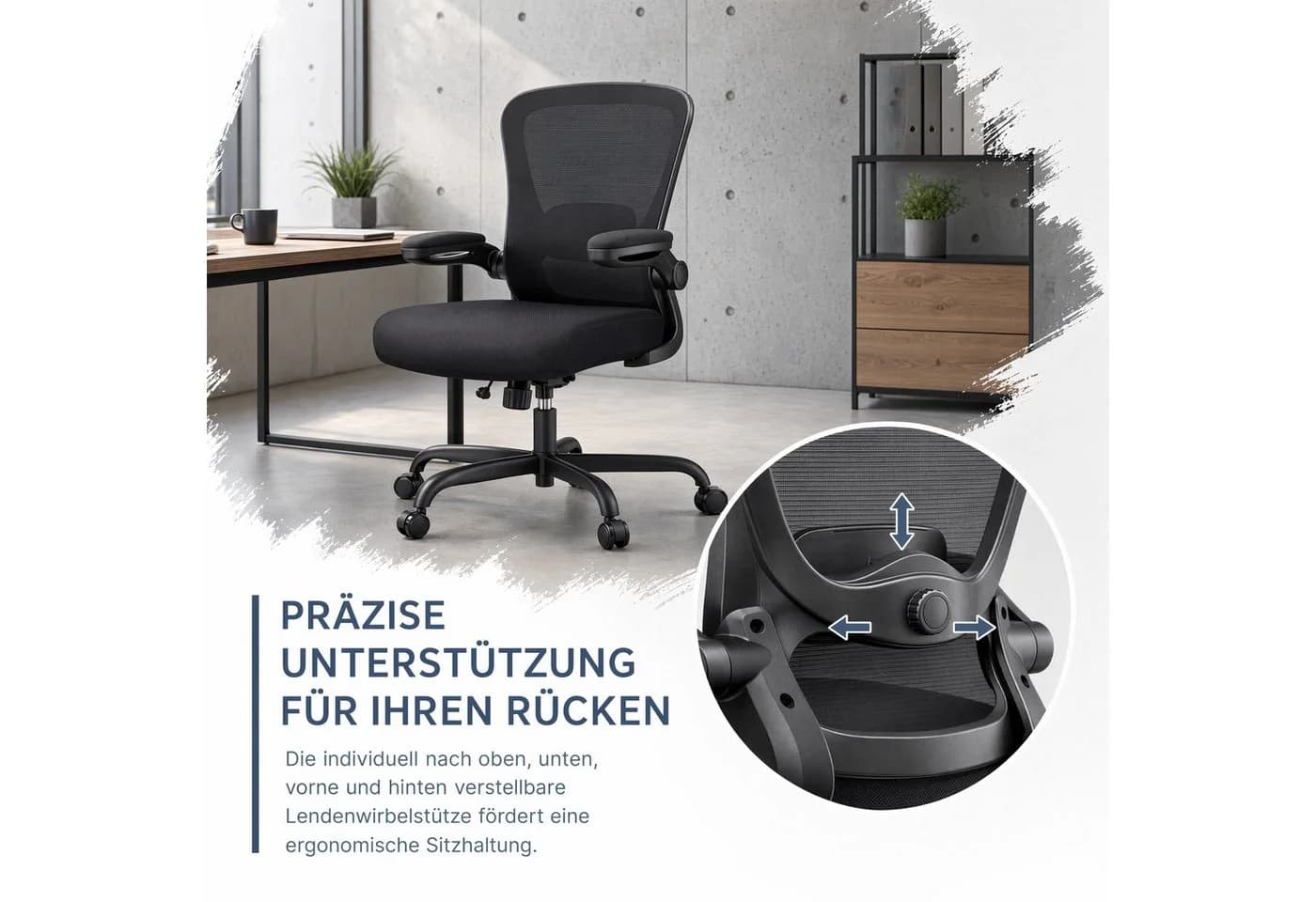 Marsail Bürostuhl Ergonomisch Schwarz Mesh mit verstellbarer Lendenwirbelstütze - Bild 4