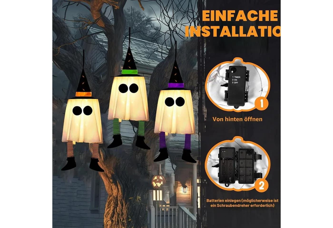 JOYIN 3er-Set hängende Geister mit warmweißem Licht und Hexenhut - Bild 4