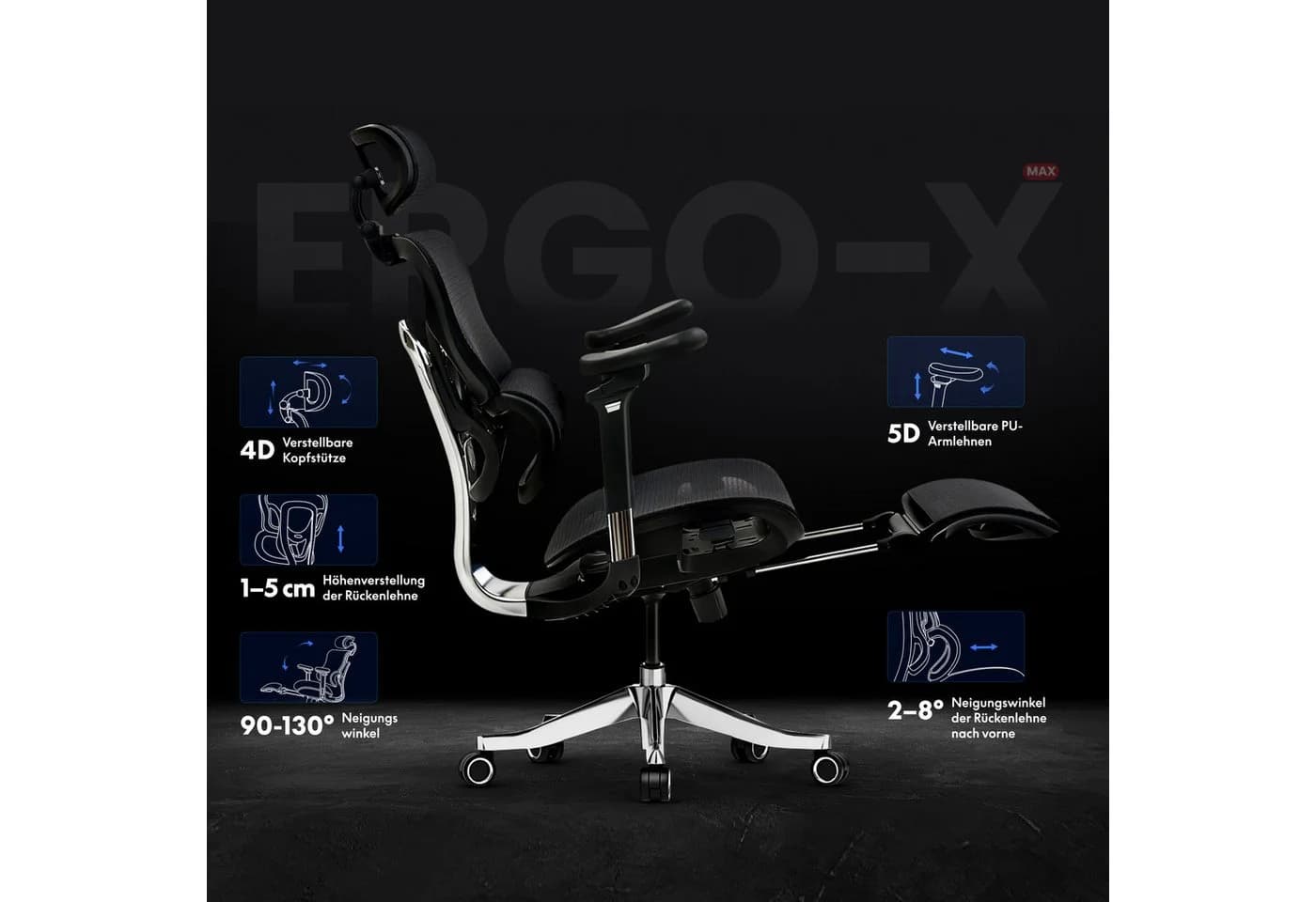 FLEXISPOT Bürostuhl ErgoX 5D Armlehnen 4D Kopfstütze 300kg Tragkraft - Bild 3