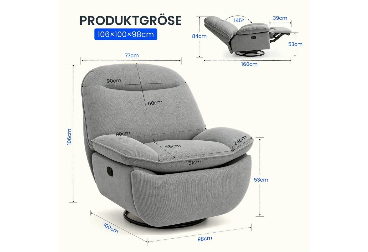 FLEXISPOT TV-Sessel Hellgrau mit Wippfunktion und Stauraum - Bild 3