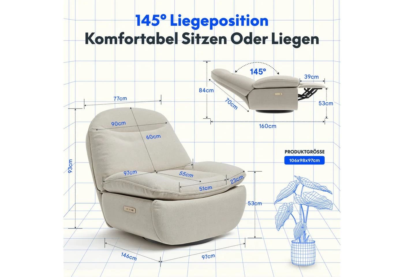 FLEXISPOT Relaxsessel Beige Elektrisch Verstellbar mit USB - Bild 3