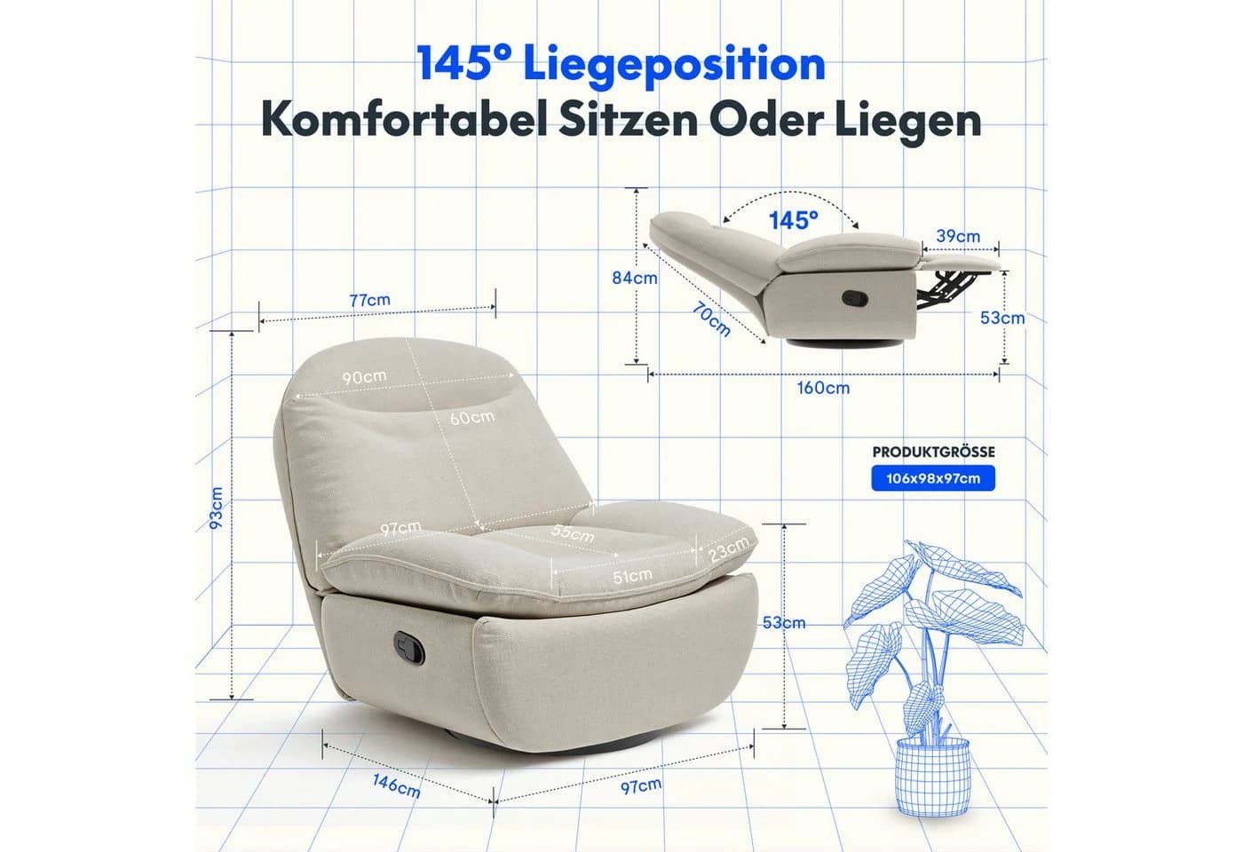 FLEXISPOT TV-Sessel Beige mit Wippfunktion & Stauraum - Bild 3