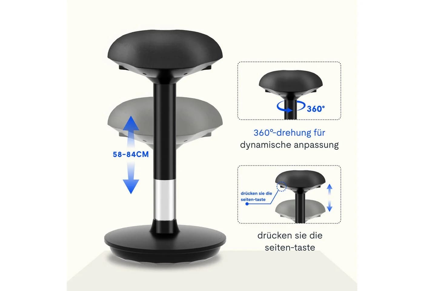 FLEXISPOT Drehhocker Schwarz mit Gummifuß und 30° Schaukelbar
