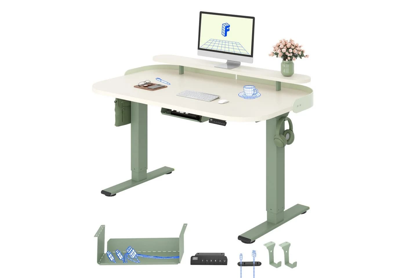FLEXISPOT Schreibtisch elektrisch höhenverstellbar Minzgrün mit Monitorablage - Bild 2