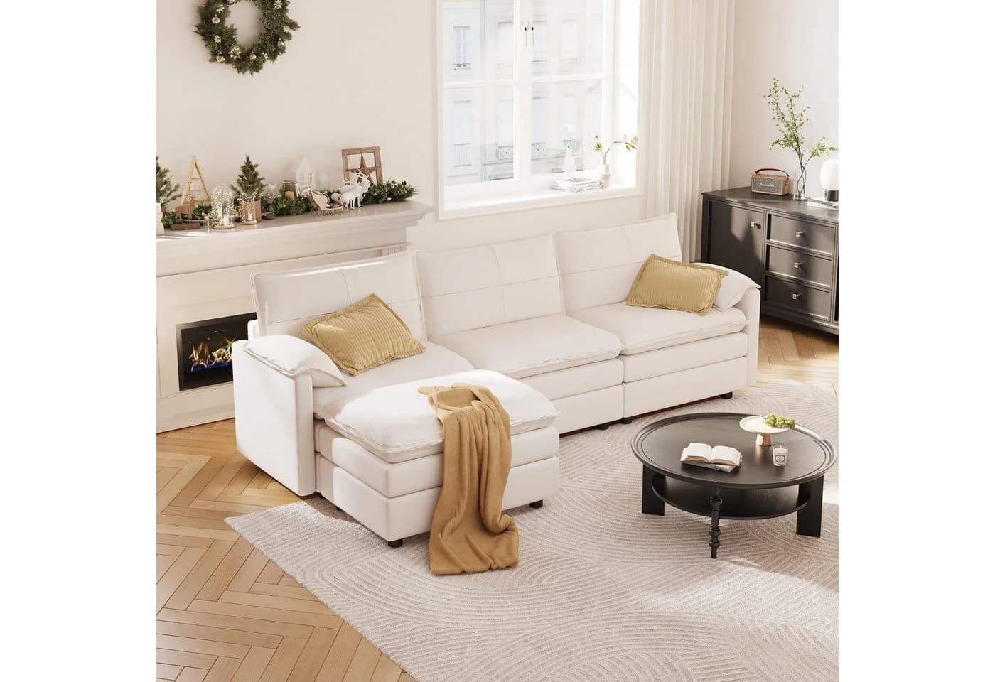FLEXISPOT Ecksofa 4-Sitzer Weiß mit Stauraum & Hocker