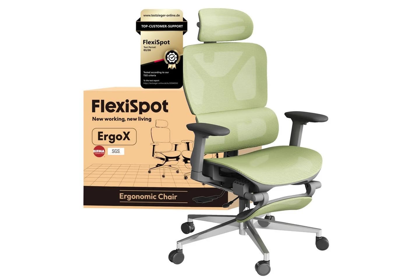 FLEXISPOT Bürostuhl ErgoX Grün 3D-Kopfstütze & Armlehnen - Bild 2