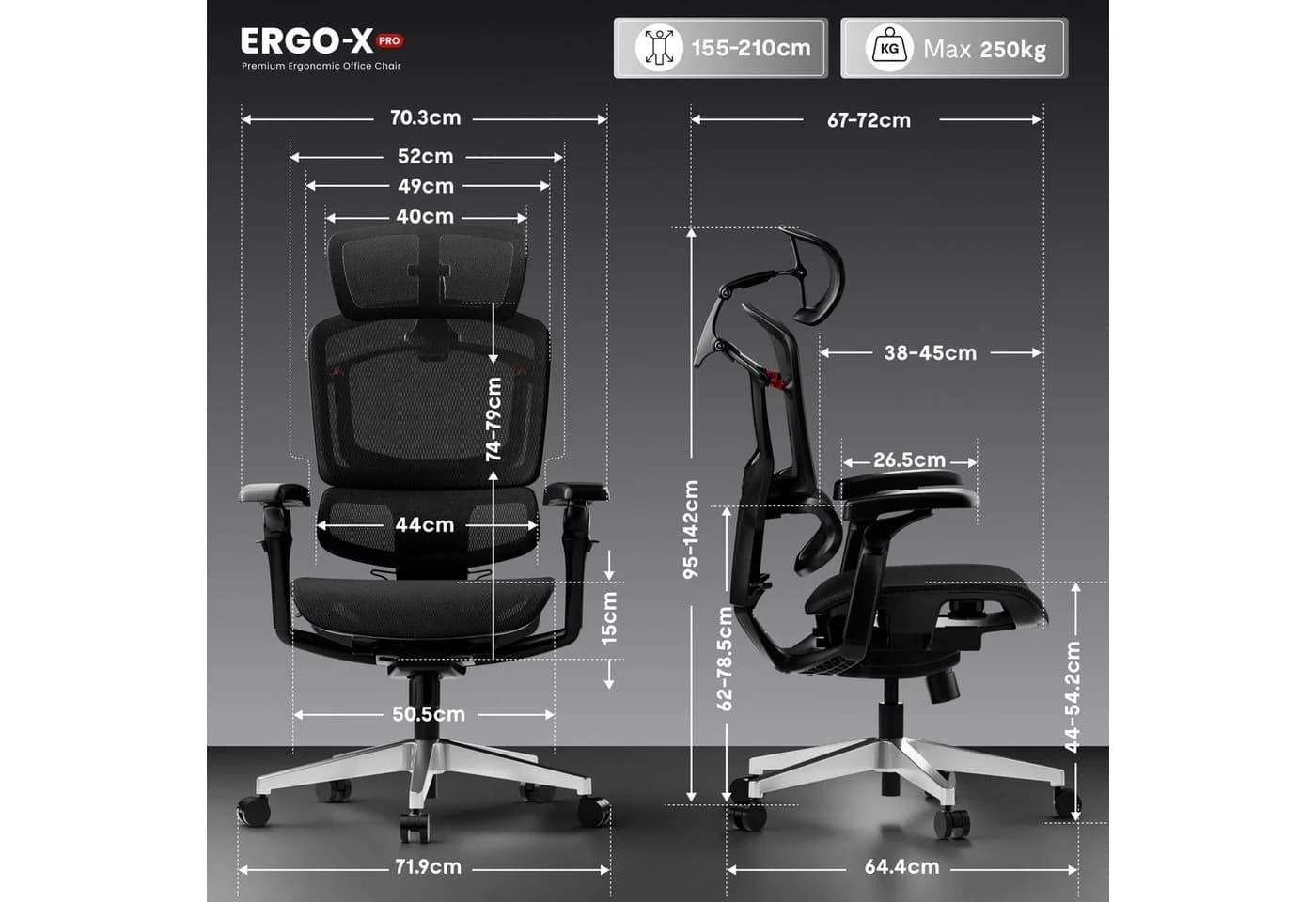 FLEXISPOT ErgoX Bürostuhl Schwarz 250kg 7D-Armlehnen 5D-Lendenstütze