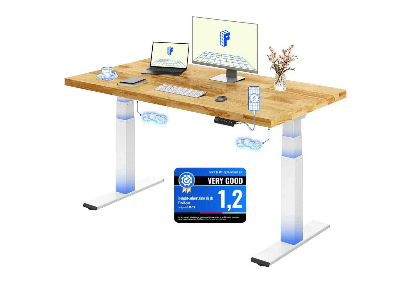 FLEXISPOT E200 Schreibtisch Elektrisch höhenverstellbar Massivholz Weiß - Bild 2