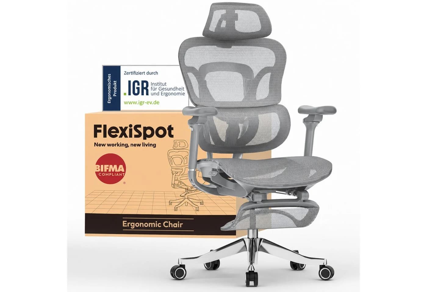 FLEXISPOT Bürostuhl ErgoX Grau 5D Armlehnen 4D Kopfstütze 300KG Tragkraft - Bild 2