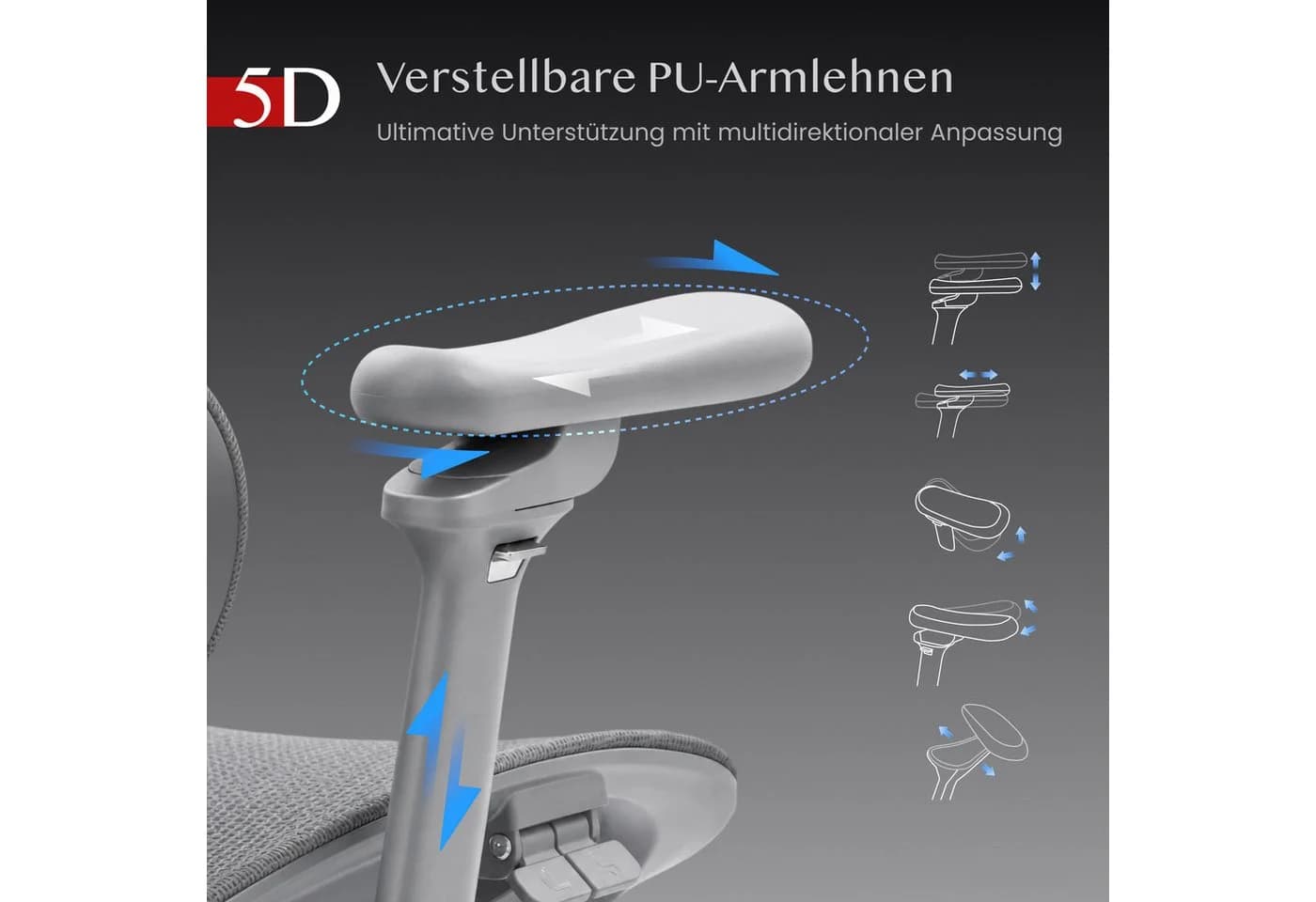 FLEXISPOT Bürostuhl ErgoX Grau 5D Armlehnen 4D Kopfstütze 300KG Tragkraft - Bild 5