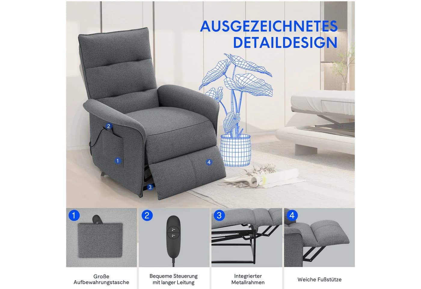 FLEXISPOT Elektrischer Sessel Grau Ergonomischer Fernsehsessel mit Verstellung - Bild 3