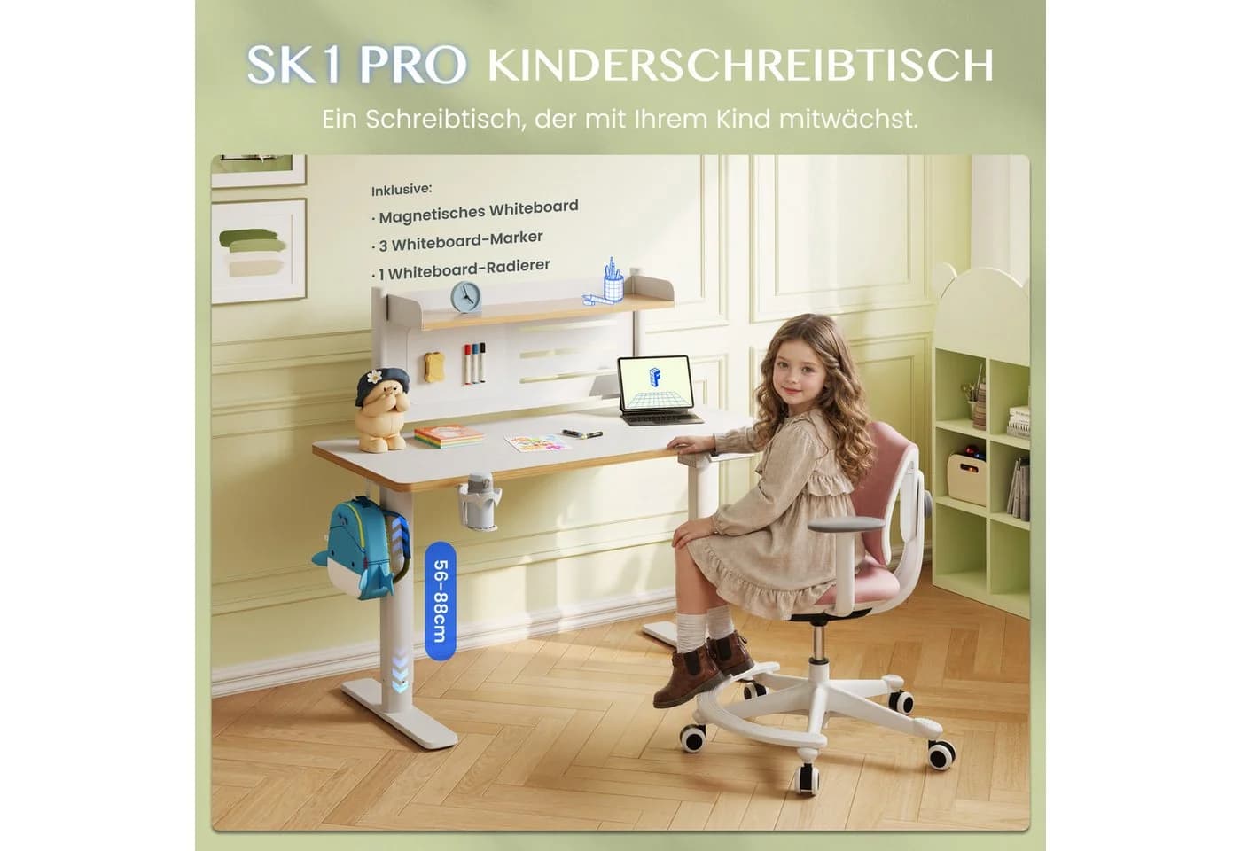 FLEXISPOT Kinderschreibtisch weiß höhenverstellbar mit Whiteboard & Regal