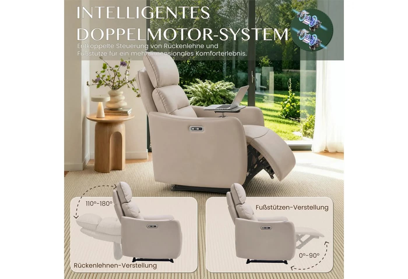 FLEXISPOT Relaxsessel Echtleder Grau 180° Liegefunktion & Schwenktisch - Bild 3