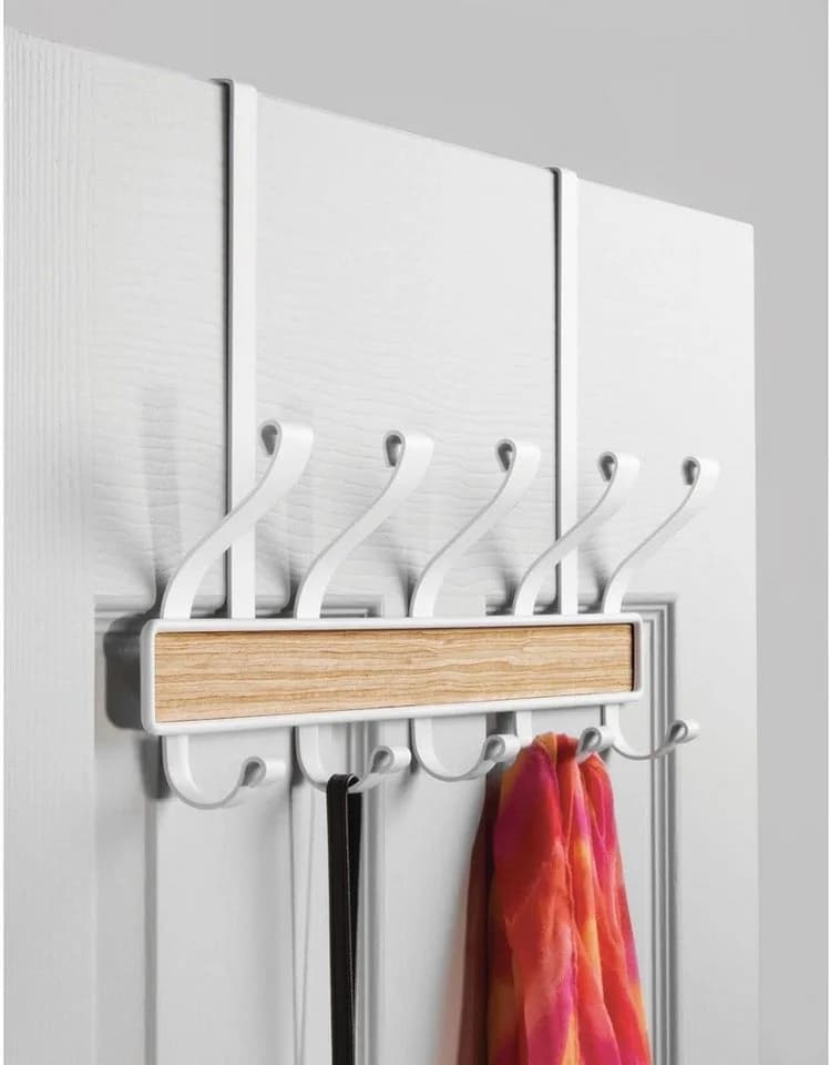 mDesign Hakenleiste Türgarderobe 10 Haken Weiß Metall Holzdekor