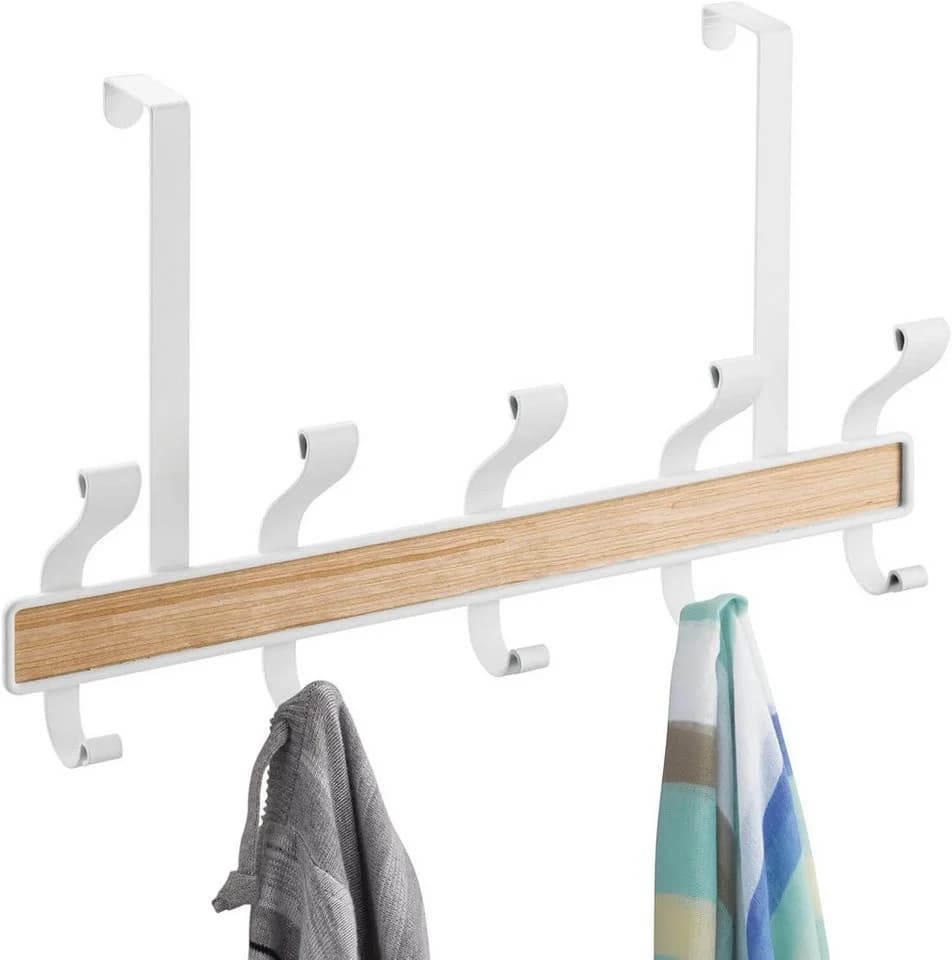 mDesign Hakenleiste Türgarderobe 10 Haken Weiß Metall Holzdekor - Bild 5