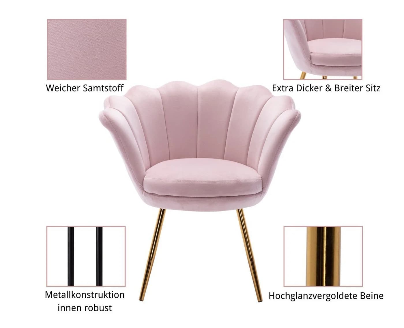 WAHSON OFFICE CHAIRS Loungesessel Armlehnstuhl Weicher Samt Hell Pink - Bild 4