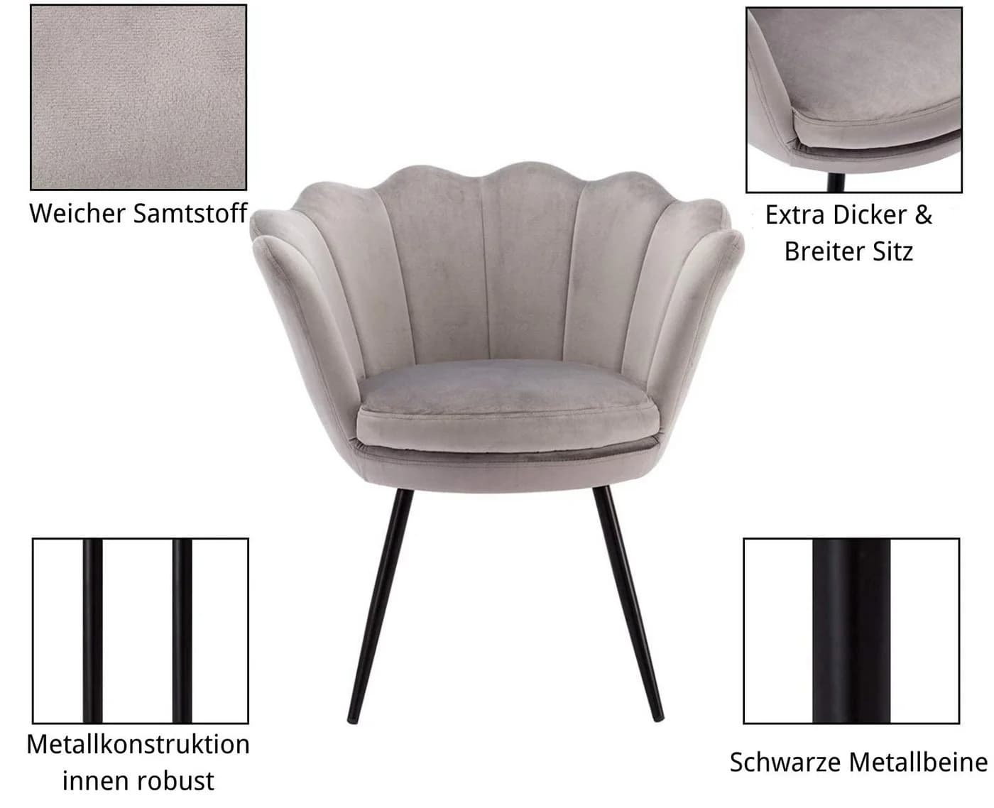 WAHSON OFFICE CHAIRS Loungesessel Grau Weicher Samt Armlehnstuhl - Bild 4