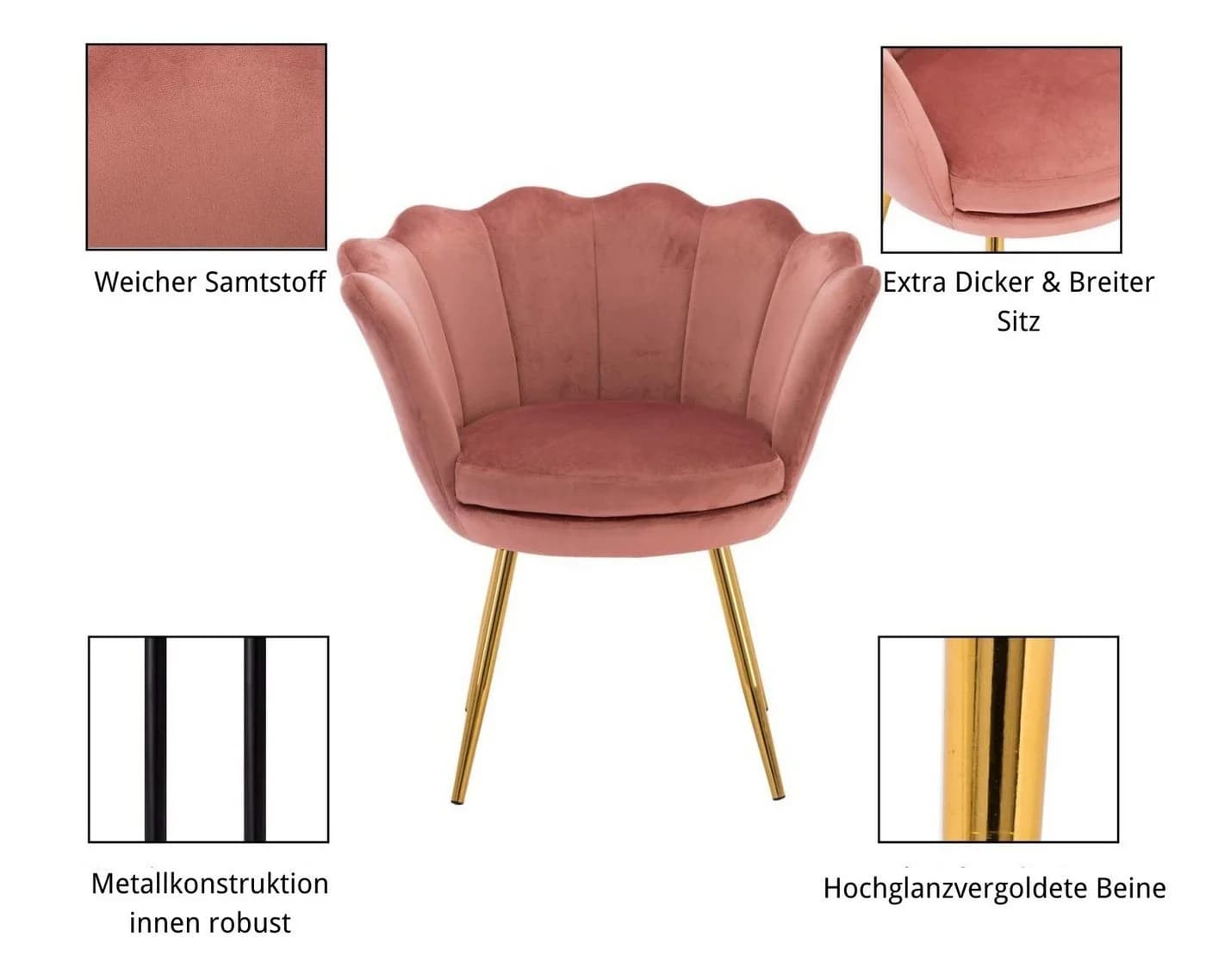 WAHSON OFFICE CHAIRS Loungesessel Rosa Weicher Samt Armlehnstuhl - Bild 4