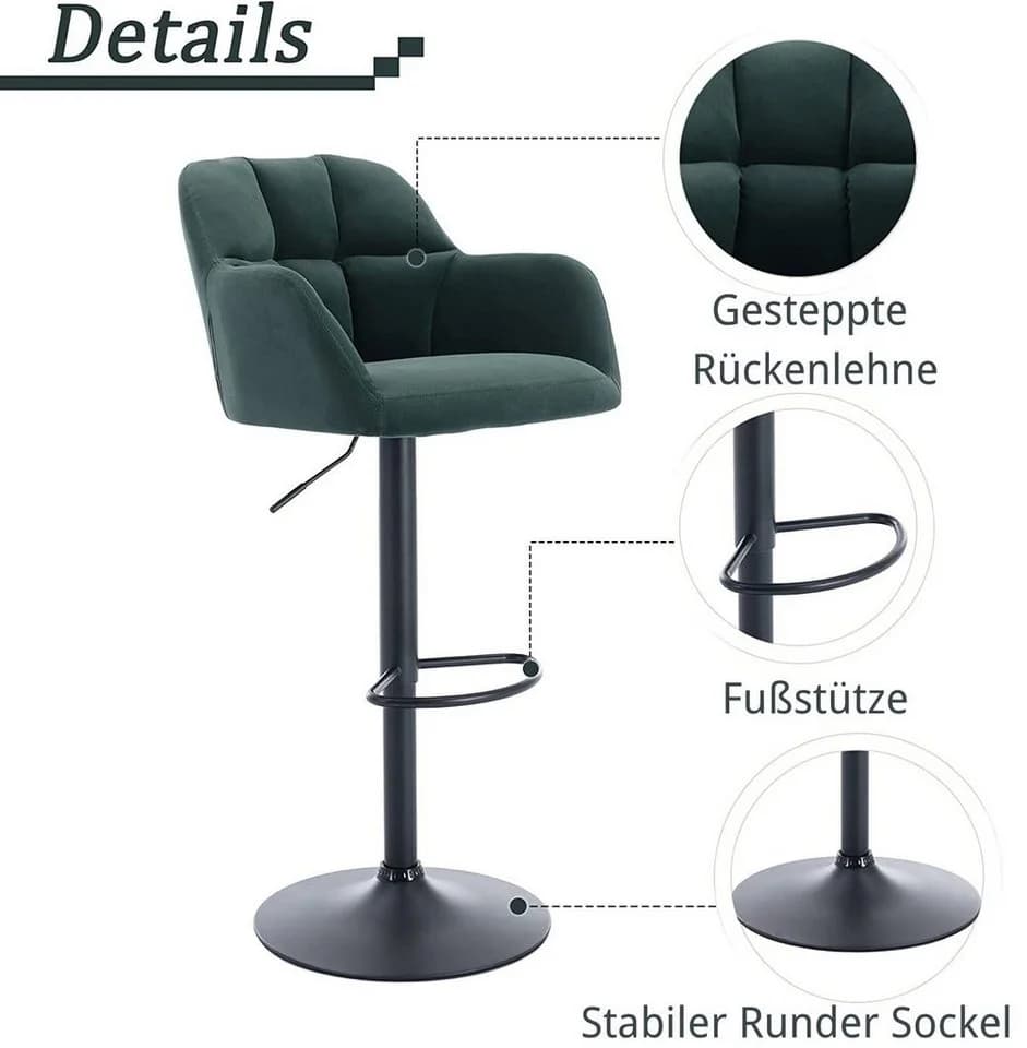 WAHSON OFFICE CHAIRS Barhocker 2er Set Grün Samtstoff Thekenhocker - Bild 3