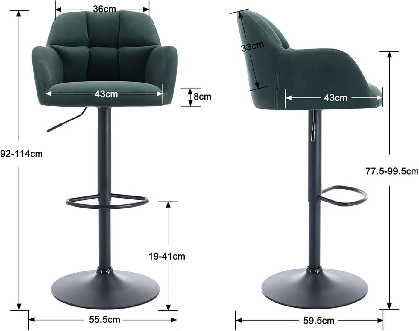 WAHSON OFFICE CHAIRS Barhocker 2er Set Grün Samtstoff Thekenhocker - Bild 5