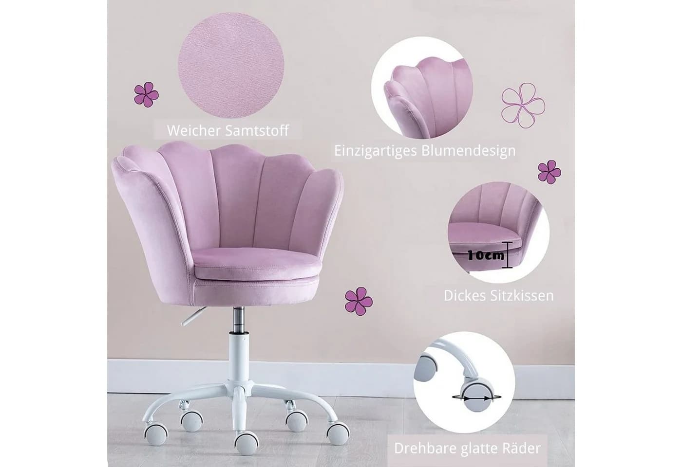 WAHSON OFFICE CHAIRS Loungesessel Samt Kinder Schreibtischstuhl Drehstuhl Violett - Bild 3