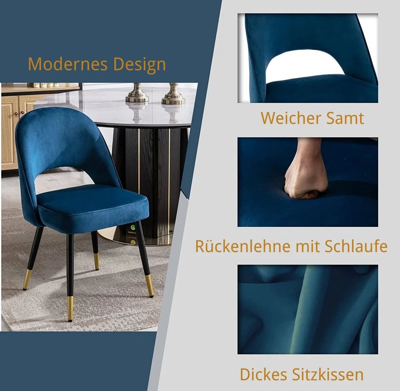WAHSON OFFICE CHAIRS Esszimmerstuhl Samt 2er Set Blau - Bild 3
