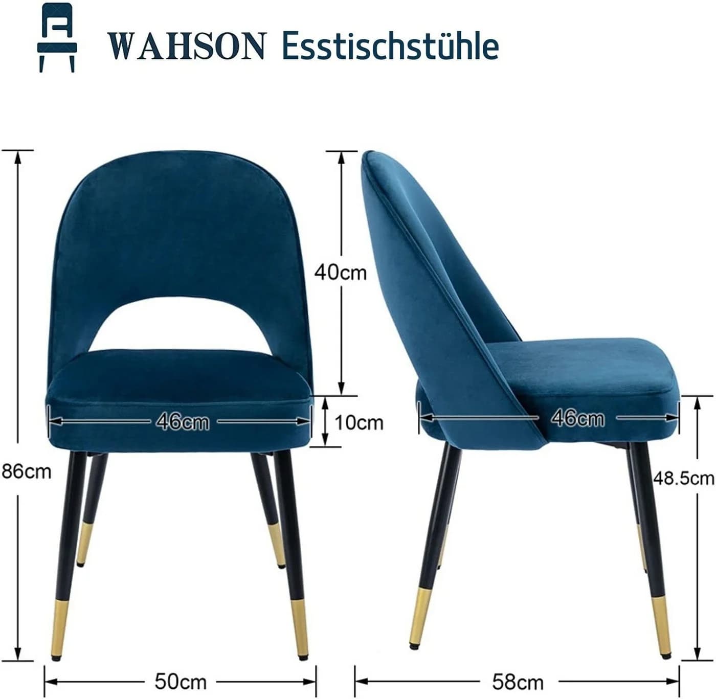 WAHSON OFFICE CHAIRS Esszimmerstuhl Samt 2er Set Blau - Bild 5