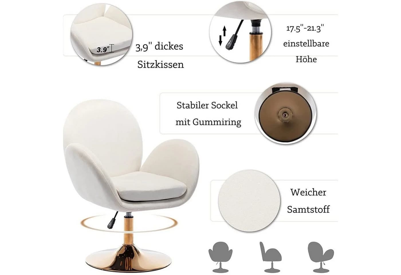 WAHSON OFFICE CHAIRS Loungesessel Samt Drehstuhl höhenverstellbar Beige - Bild 5