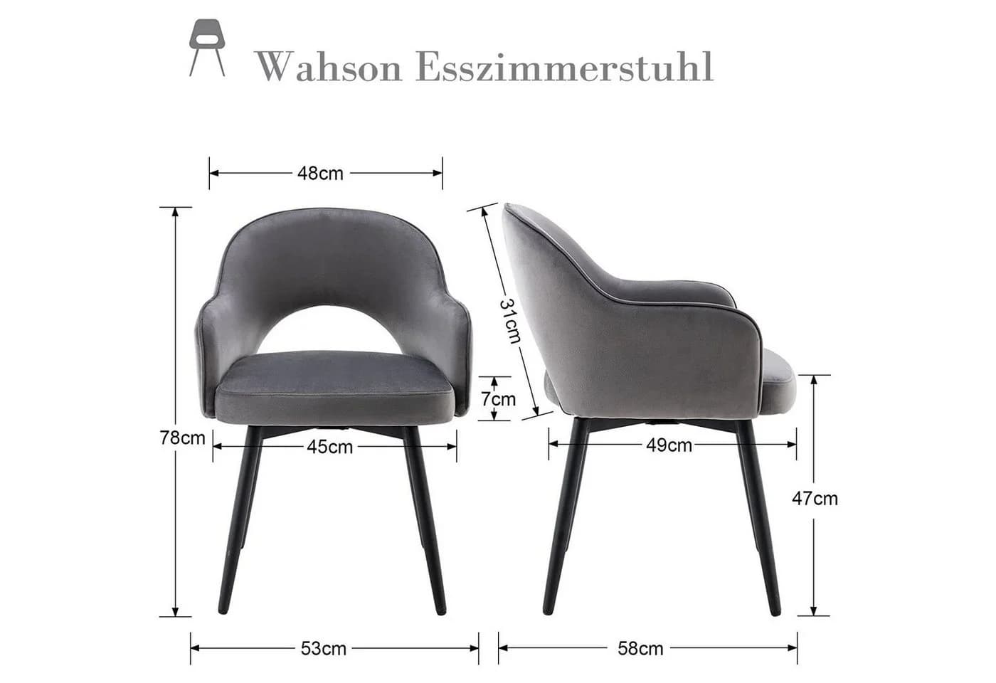 WAHSON OFFICE CHAIRS Esszimmerstuhl 2er Set Drehstuhl Grau Samt - Bild 5