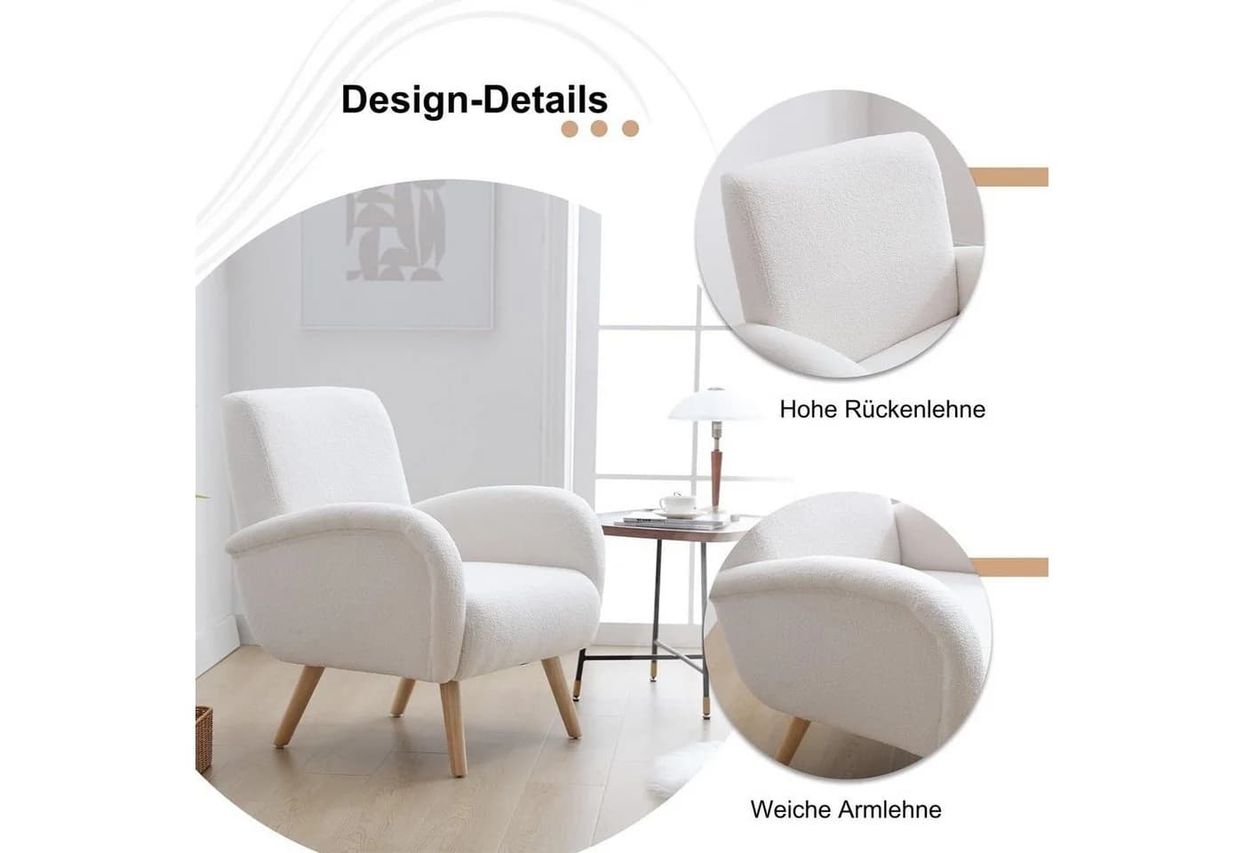 WAHSON OFFICE CHAIRS Retro Polstersessel mit Massivholzbeinen Weiß - Bild 5