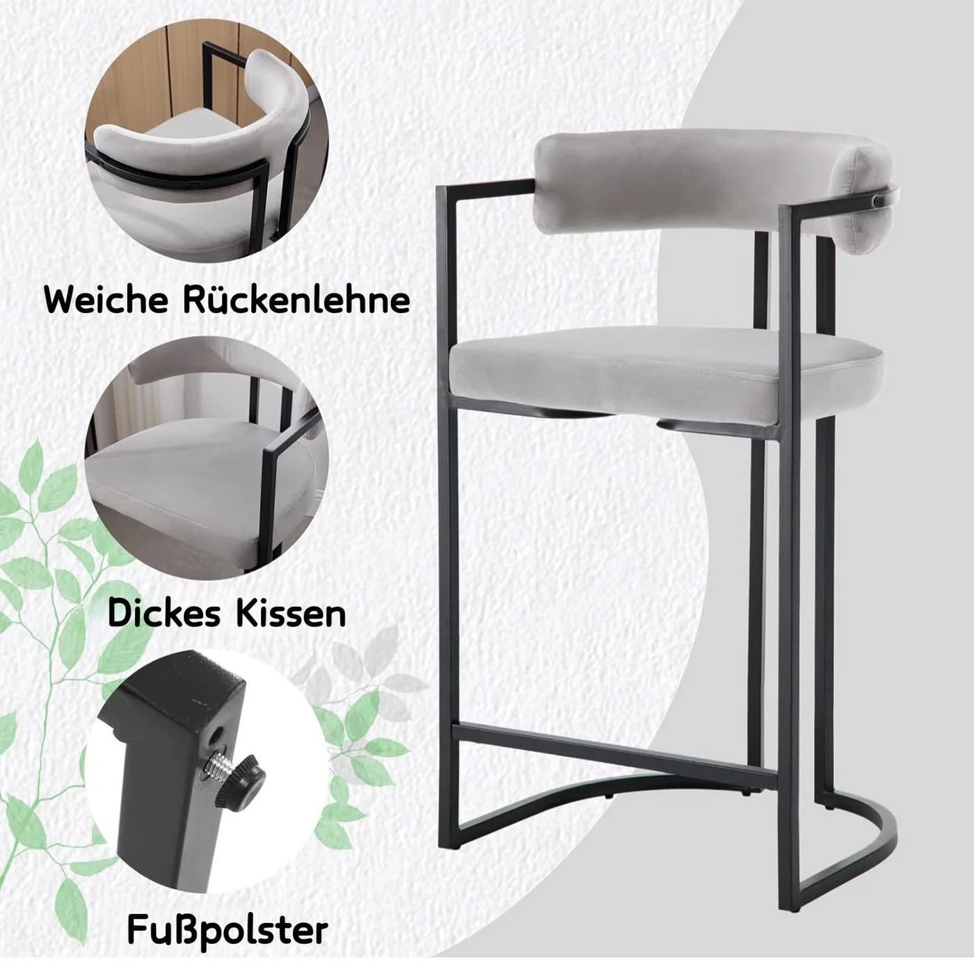 WAHSON OFFICE CHAIRS Barhocker 2er Set Grau Samt Küchenhocker - Bild 5