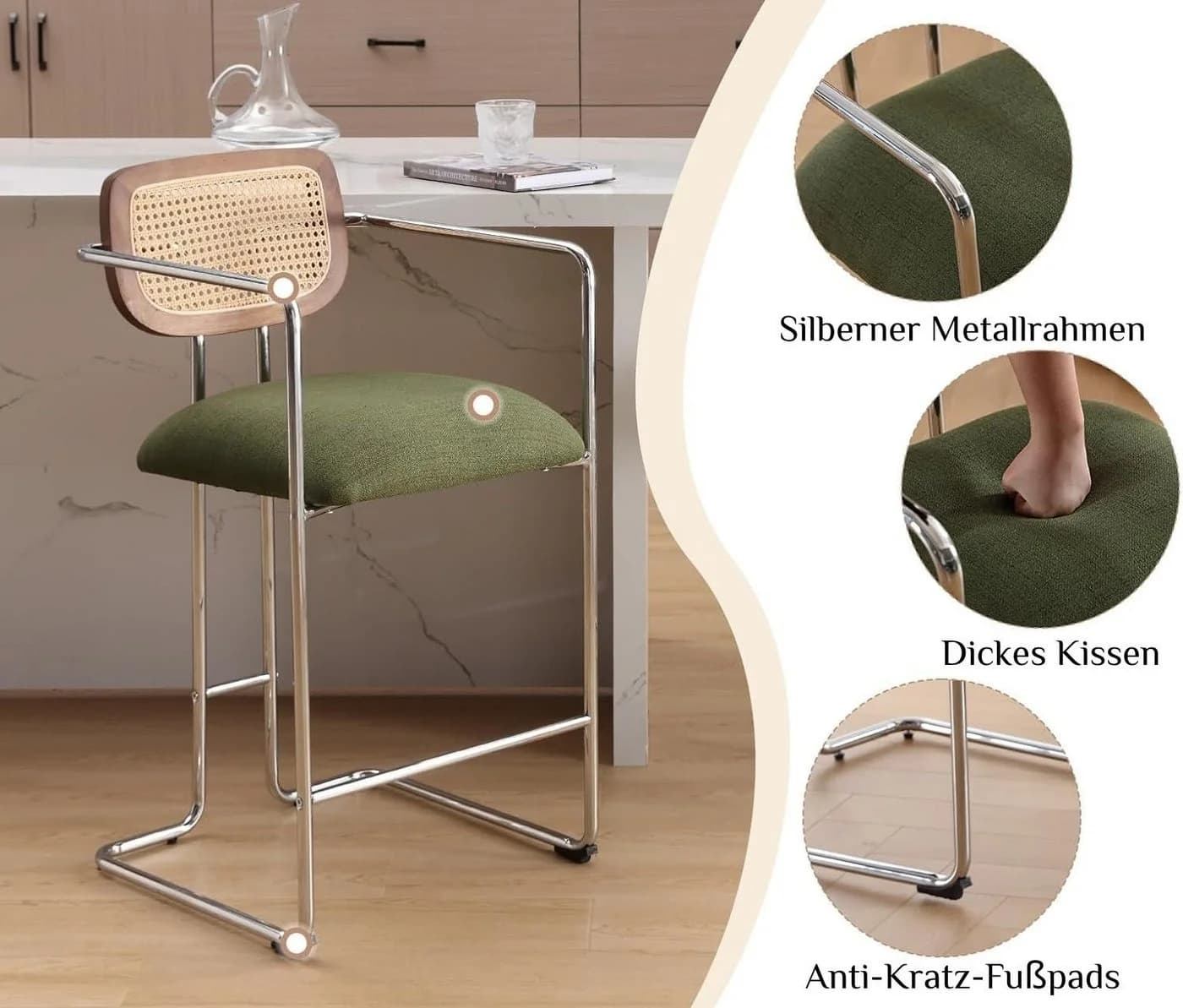 WAHSON OFFICE CHAIRS Barhocker 2er Set Grün Rattan Küchenhocker - Bild 4