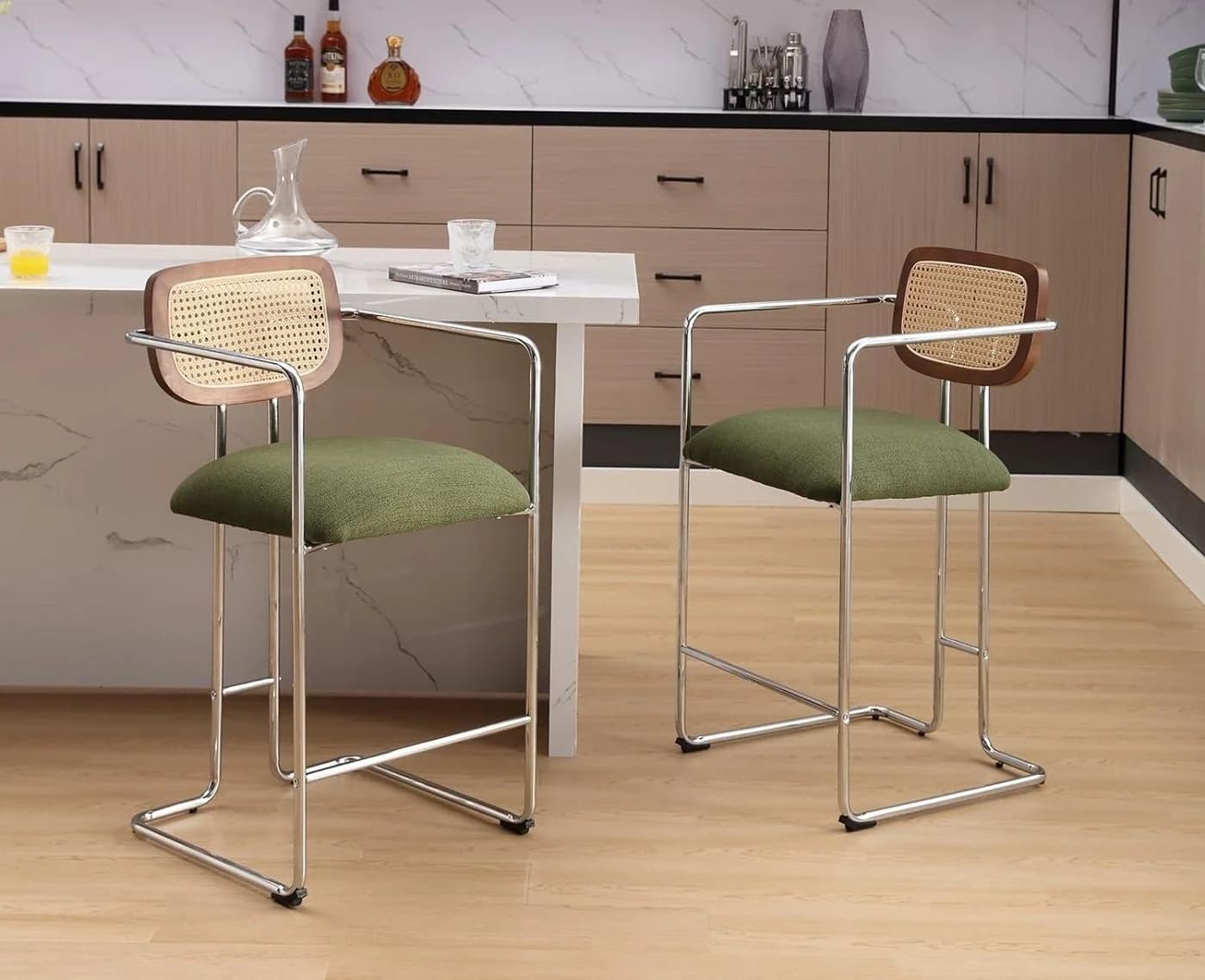 WAHSON OFFICE CHAIRS Barhocker 2er Set Grün Rattan Küchenhocker - Bild 5