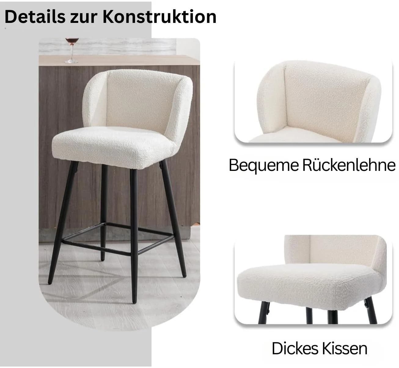 WAHSON OFFICE CHAIRS Barhocker 2er Set Leinen/Kunstfell Armlos für Theke/Esszimmer - Bild 5