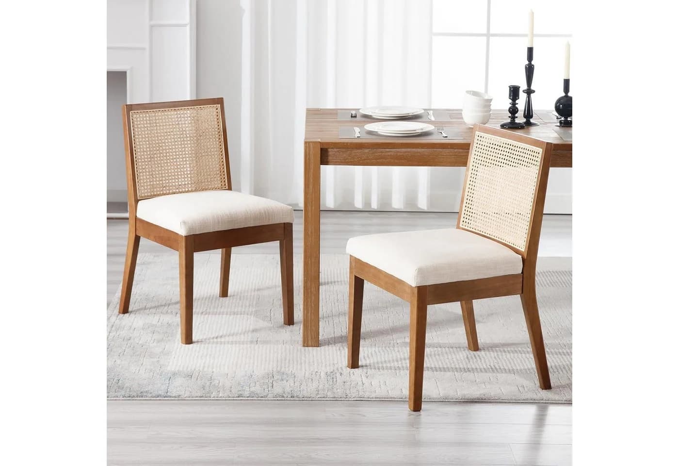 WAHSON OFFICE CHAIRS Esszimmerstuhl Vintage Rattan 2er Set Leinenpolster Holzbeine