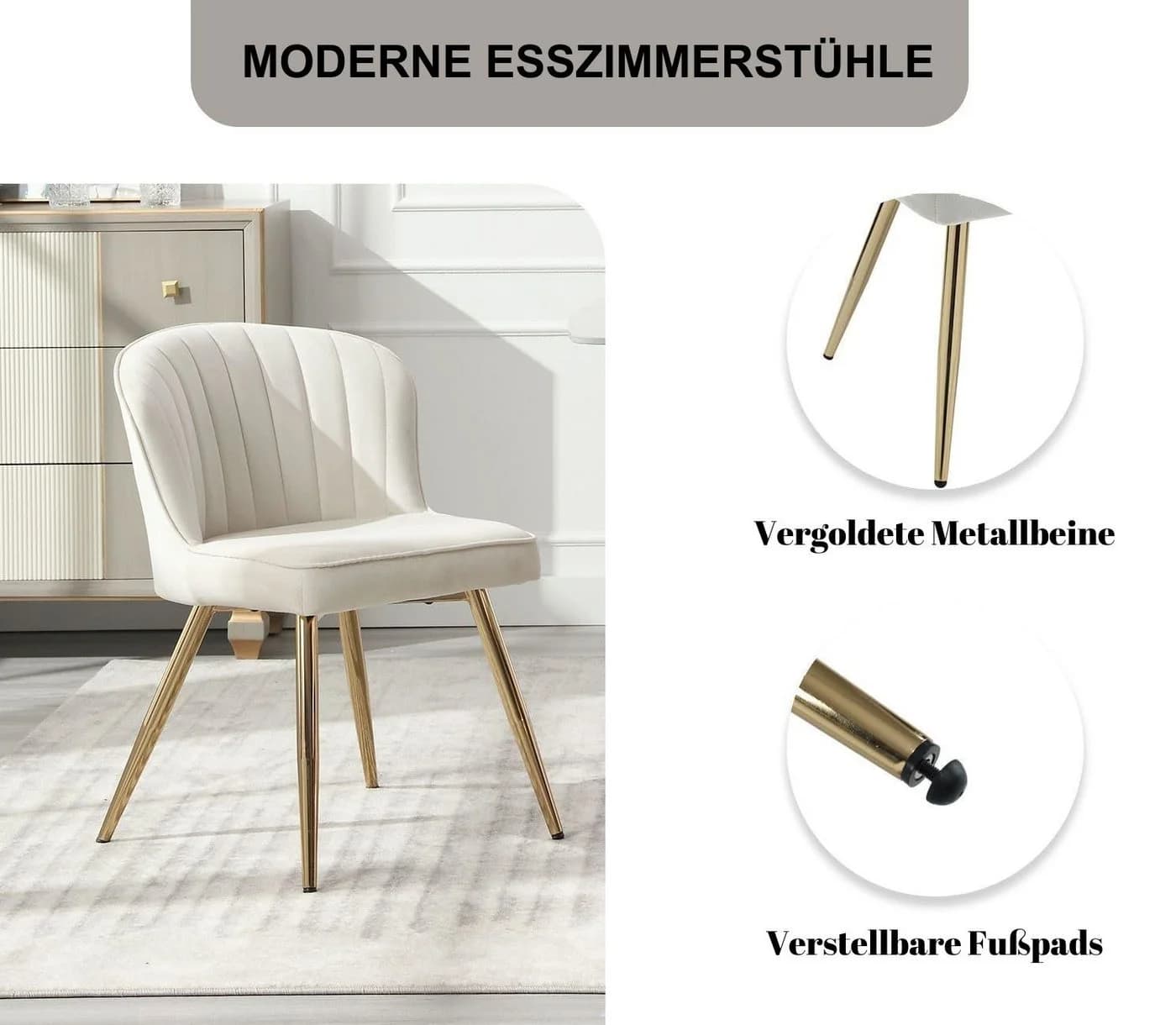 WAHSON OFFICE CHAIRS Esszimmerstuhl 2er Set Beige Küchenstuhl mit goldenem Fuß - Bild 4