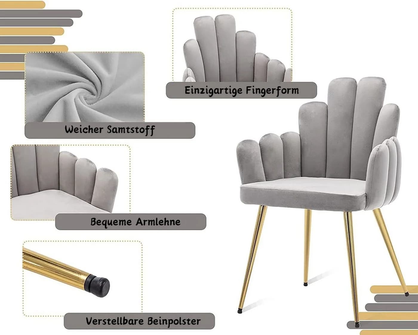 WAHSON Esszimmerstuhl 4er Set Grau Samt Muschel Design - Bild 4