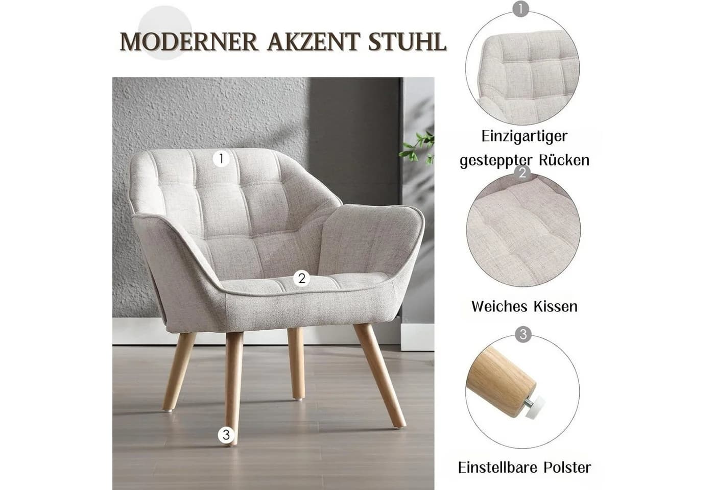 WAHSON Ohrensessel Beige Samt/Leinen Massivholz-/Metallbeine - Bild 5