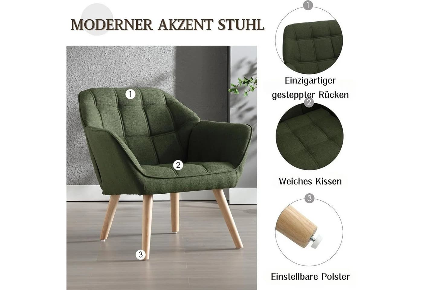 WAHSON Ohrensessel Grün Massivholz/Metallbeine Modern Leinen/Samt - Bild 5