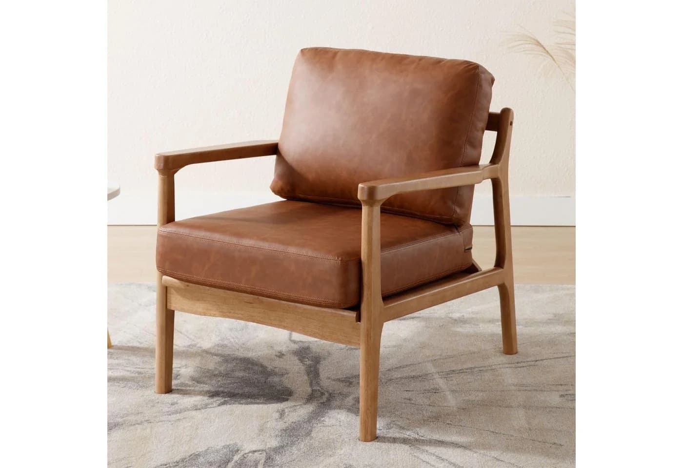WAHSON Loungesessel Vintage mit Holzgestell & Leinen/PU-Leder Braun