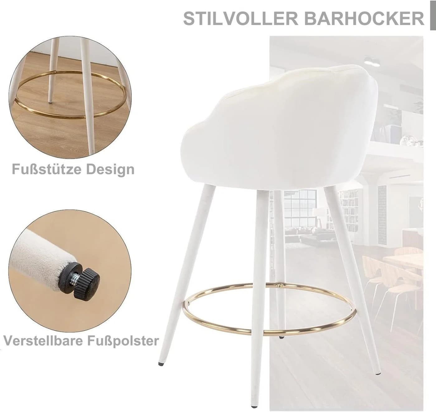 WAHSON Barhocker Samt Bistrohocker 2/4er Set Tresenhocker mit Lehne Beige - Bild 3