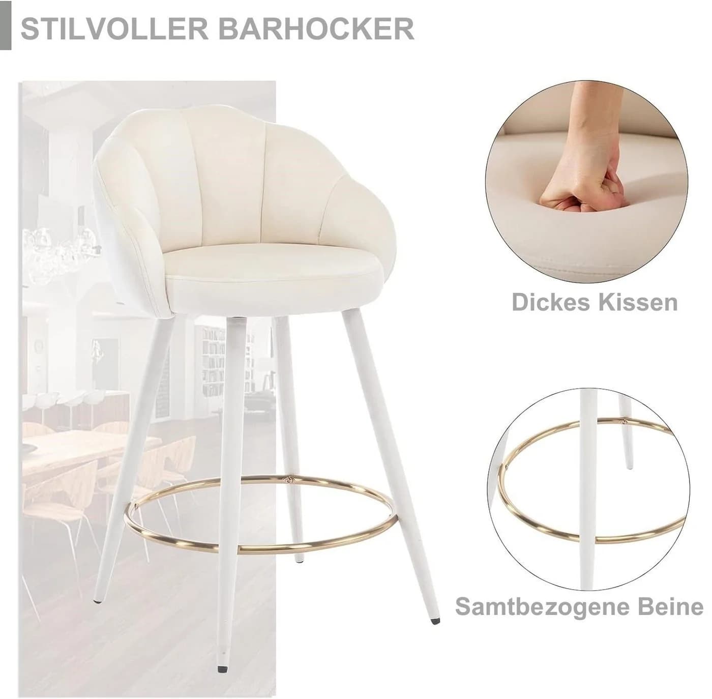 WAHSON Barhocker Samt Bistrohocker 2/4er Set Tresenhocker mit Lehne Beige - Bild 4