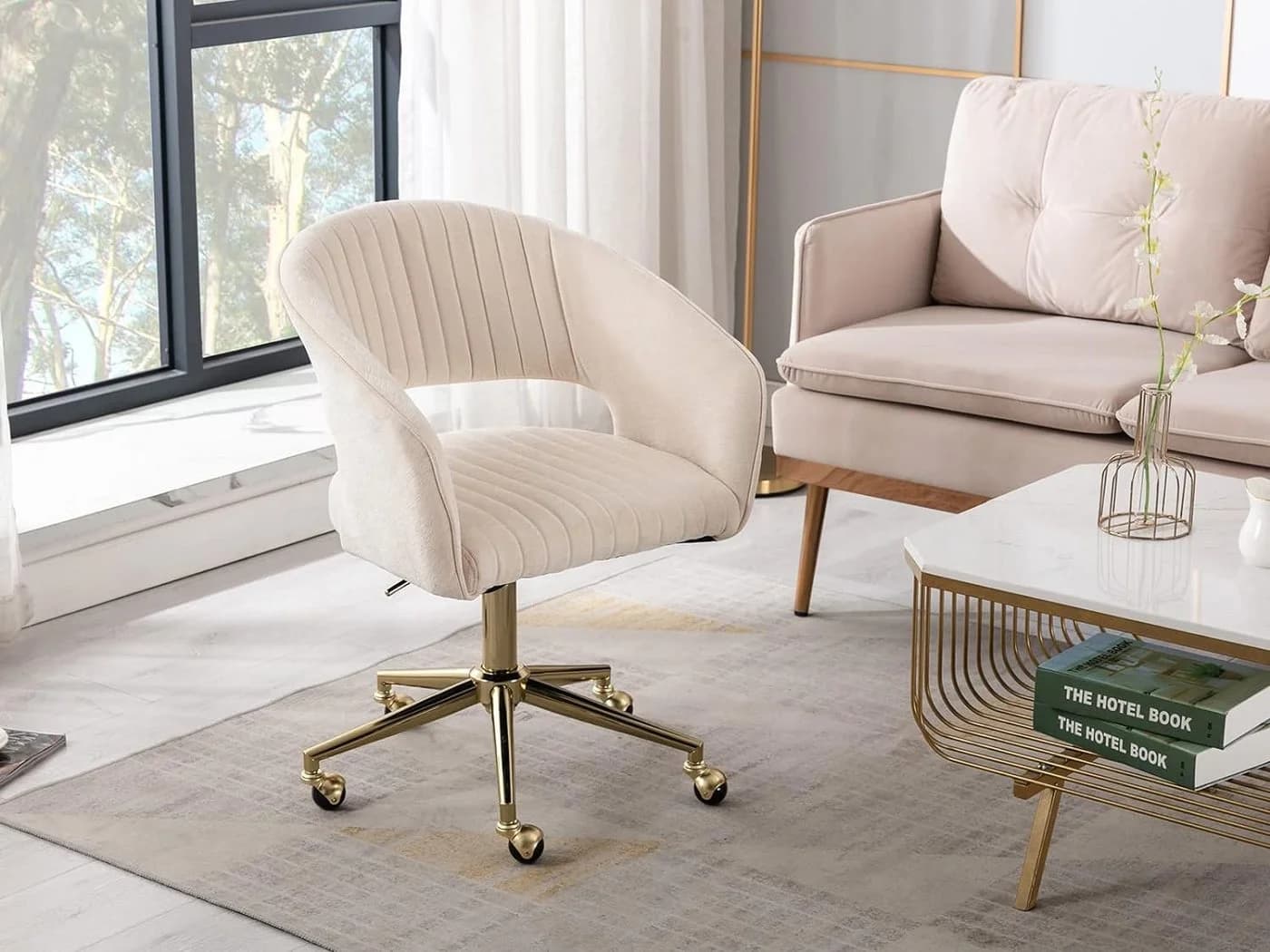 WAHSON OFFICE CHAIRS Bürostuhl aus Chenille, ergonomisch Drehstuhl mit Rollen Beige - Bild 3
